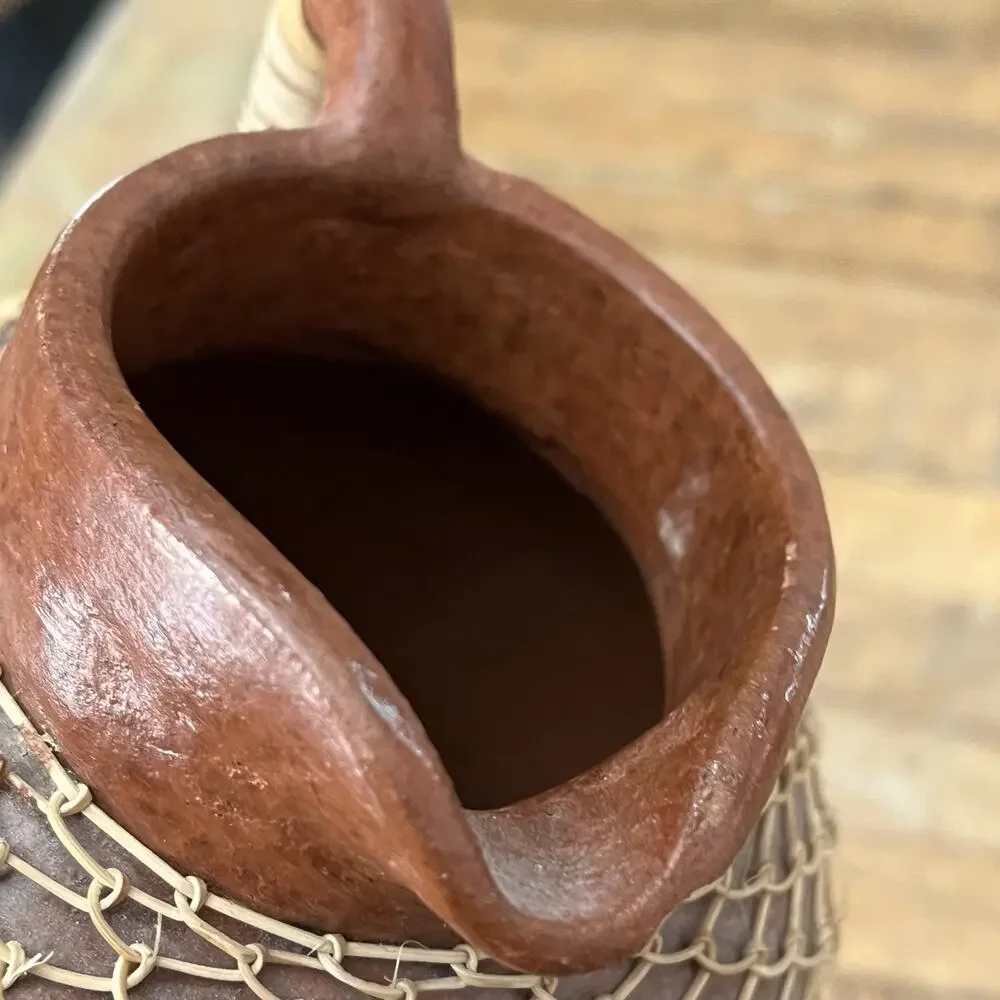Terracotta Earthenware Pitcher Hand-looped Rattan Netting 6.25” Tall